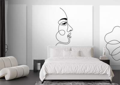 One line drawing abstract woman face, ginkgo biloba leaf, flower. Modern single line art, female portrait, aesthetic contour. Great for poster, wall art, tote bag, t-shirt print, sticker, logo. Vector Wall mural