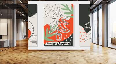 One line drawing Christmas tree, reindeer head, ball decoration. Modern continuous line art, aesthetic contour. Set of three Merry Christmas cards, creative collage style. Vector illustration Wall mural