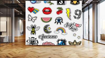 Set of fashion patches in the retro and military style. Trendy stickers design. Vector quotes, numbers, cartoon bee, butterfly, flower, lips, watermelon, heart with wings, cherry, lightning, rainbow Wall mural