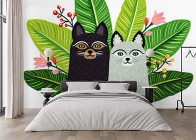 Two cute cats sitting among greenery. Summer pattern with fluffy kitten and tropical leaves. Vector cat art Wall mural