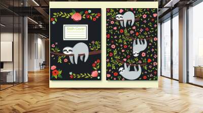 Vector funny sloth on tree. Cute sloths, flowers, branch. Cover template with adorable cartoon animals. Notepad, card, poster, banner, brochure, postcard design. Childish style collection Wall mural