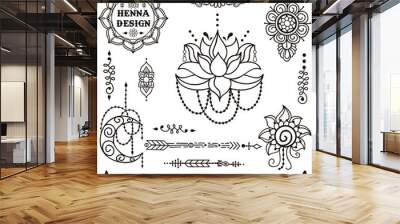 Vector set of henna tattoo. Mehndi ornaments. Hand drawn henna elements, such as flower, lotus, mandala, tribal elements, crescent moon, and others. Doodle collection Wall mural