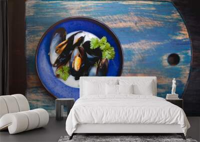 Bowl with seafood soup in cafe Wall mural