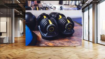 Two modern adjustable dumbbells on stands. Sports equipment in the gym. Wall mural