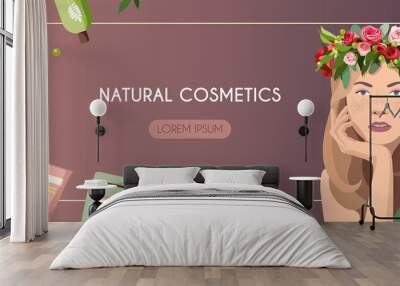 Horizontal banner with a beautiful young woman and natural cosmetics. Skin care concept with organic cosmetic products in bottles, jars and tubes. Stock vector illustration for graphic and web design. Wall mural