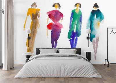 Hand drawn watercolor illustration. Silhouettes of four women. People shaped watercolor stains Wall mural