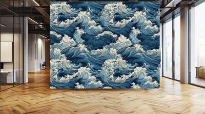 Seamless texture: sea waves pattern in old vintage Japanese style. Generative AI Wall mural