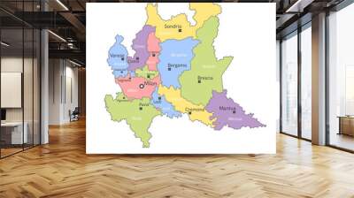 Vector illustration: administrative map of Lombardy with the names of cities and provinces. Wall mural