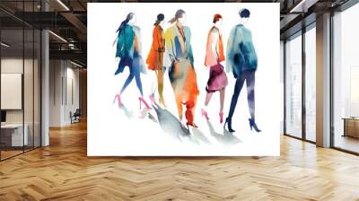 Vector illustration watercolor fashion sketch group of people in full growth go Wall mural