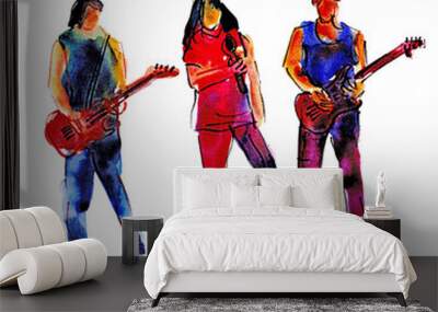 Watercolor hand drawn illustration: musical rock band, two people with guitars and one man with a microphone Wall mural