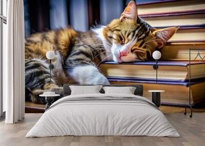 Cute cat sleeps on a stack of books. Wall mural