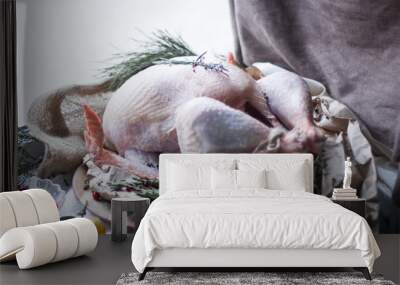 fresh duck ready for baking on white porcelan plate Wall mural