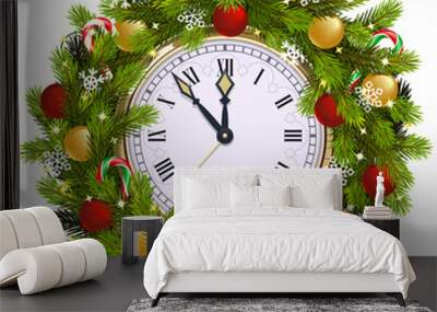 Vector Christmas Fir Wreath with Clock Wall mural