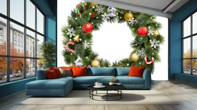 Vector Christmas Pine Fluffy Wreath with Christmas Decorations Wall mural