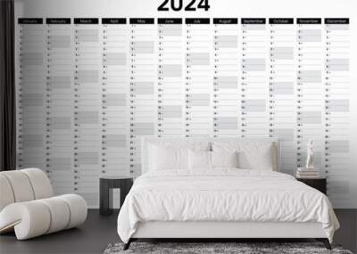 2024 Yearly wall planner. Black and white calendar vector design template with holidays. Sunday, Saturday highlighted. Horizontal annual worldwide printable planner.  Wall mural