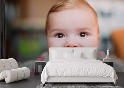 little cute baby toddler on carpet close up smiling adorable happy emotional playing at home Wall mural