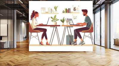 Flat illustrations of two people working together at their desks, with one person sitting on the left side and another woman seated to his right., Flat illustration style with simple shapes and lines, Wall mural