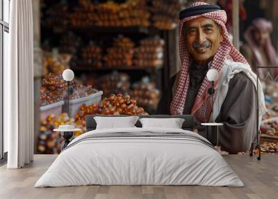 Senior Arab muslim man in traditional dress selling foods and wares at market Wall mural