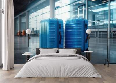 blue Suitcases in empty airport corridor. Travel concept. Wall mural