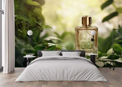 bottle of luxury perfume in summer forest with leaves background Wall mural