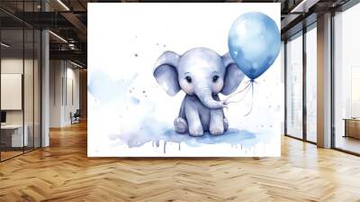 cartoon watercolor elephant character with balloons on white background Wall mural