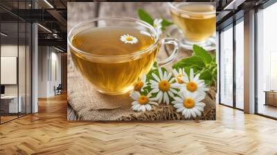 Chamomile Herbal Tea in Glass Cups with Fresh Daisy Flowers Wall mural