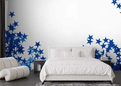 Christmas border with blue star confetti. Holiday background for New Year on white Wall mural