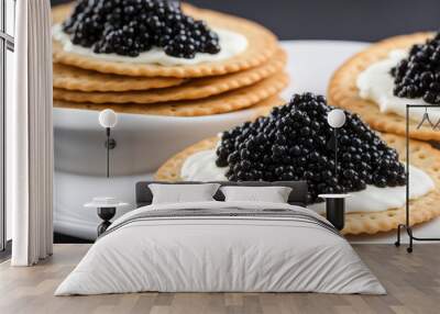 Crackers with Cream Cheese and Black Caviar Garnished Wall mural