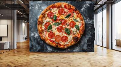 Delicious Pepperoni Pizza with Olives on a Black Background Wall mural