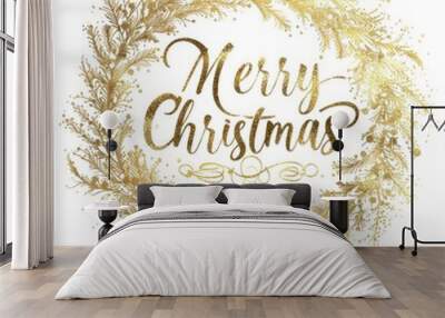 Elegant Gold Merry Christmas Wreath Design for Holiday Decor and Festive Greetings Wall mural