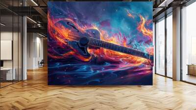 Fiery Acoustic Guitar on Colorful Abstract Background Showcasing Combustion and Music Energy Wall mural