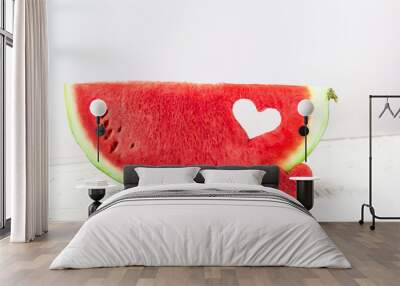 Fresh juicy watermelon slice with heart shape hole on white background. Valentines, love, summer concept Wall mural