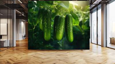 Green cucumber grow in the vegetable garden in sunny day. Wall mural