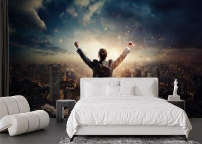 Happy businessman rejoices at a successful project Wall mural