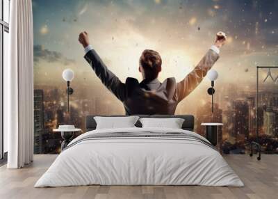 Happy businessman rejoices at a successful project Wall mural