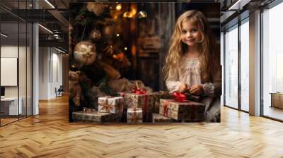 Long-haired little girl with christmas gift near the fir tree on bokeh background. Wall mural