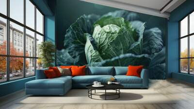 Lush green cabbage leaves emerge with dewdrops Wall mural