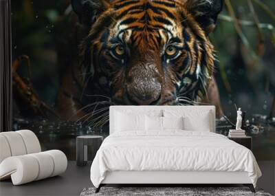 Majestic Tiger Stalking Through Water in its Natural Jungle Habitat Wall mural