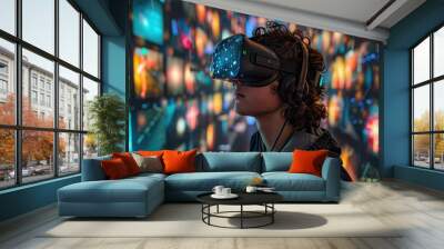 Man Using VR Headset in Futuristic Technology Lab for Augmented Reality Experience Wall mural