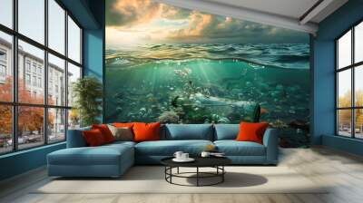 Over-Under Split of Tropical Village and Vibrant Underwater Life Wall mural