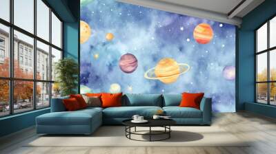 Seamless pattern of watercolor outer cosmos space with different planet Wall mural