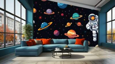 Seamless pattern with cartoon space astronaut, planets, stars. Generative AI Wall mural