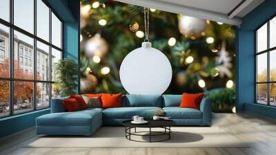 Sparkling Festive Morning with White Christmas Ornament and Twinkling Tree Lights Wall mural