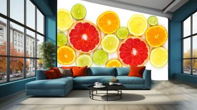 top view of slices of citrus fruits isolated on white background Wall mural