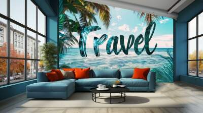 Tropical Beach Travel Concept with Palm Trees and Ocean Waves Under Sunny Blue Sky Wall mural