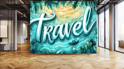 Tropical Travel Background with Seashells and Starfish on Turquoise Leaves Wall mural