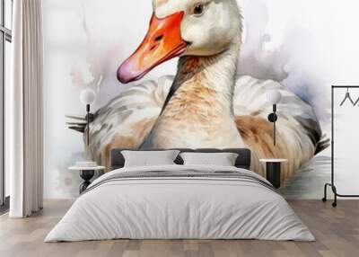 watercolor goose in the water with splashes on white background Wall mural