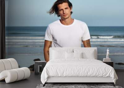 White blank t shirt mock up. Men beach background Wall mural