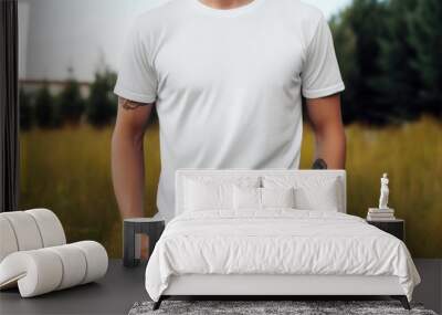 White blank t shirt mock up. Men field background Wall mural