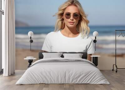 White blank t shirt mock up. Woman on the beach Wall mural